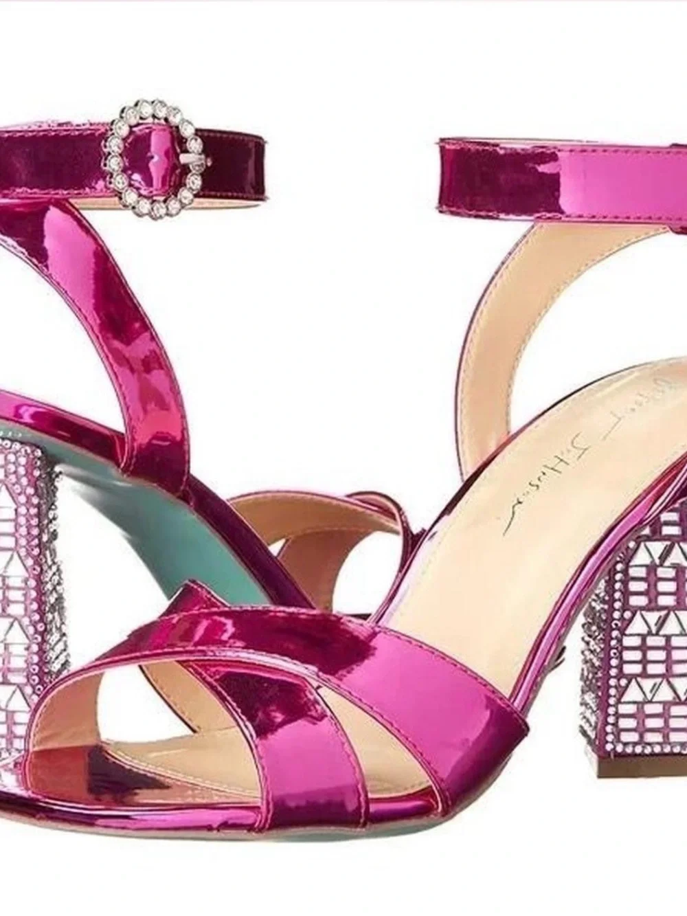 Betsey Johnson Metallic Fuchsia Crystal Block Heel Sandals